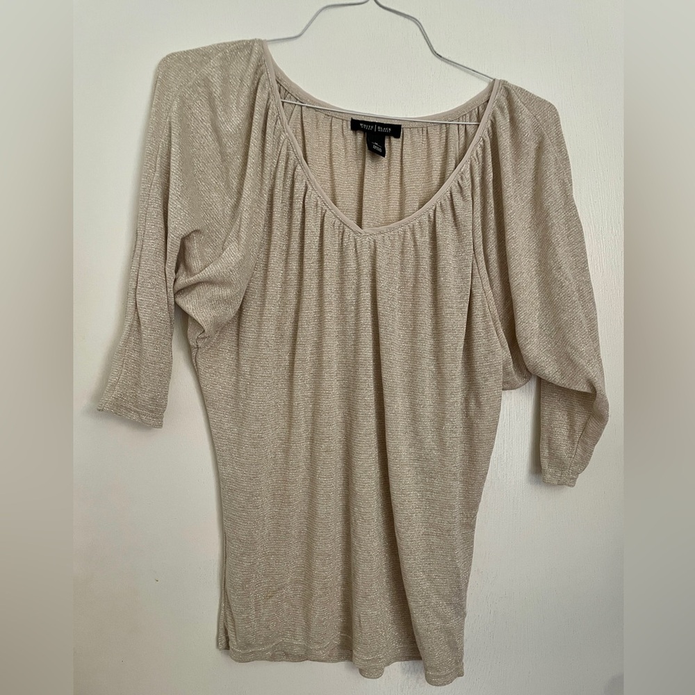 White House black market beige metallic gold thread size M knit top scoop neck